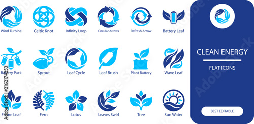 Renewable power icons set. Minimal silhouette vector symbols of leaves, recycling, and eco energy for sustainability design.
