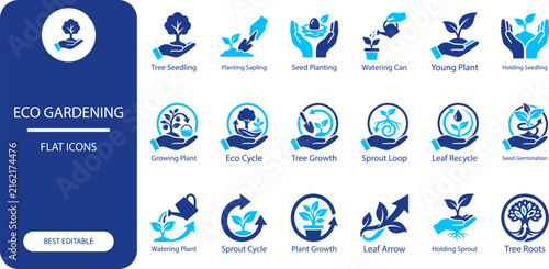Eco gardening icons set. Simple cutout vector collection of plant, tree, hands and recycling symbols for sustainability design