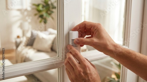 Installing Smart Home Security: A close-up shot shows a person's hands carefully installing a wireless magnetic contact sensor on a white door frame, symbolizing modern home security and convenience.