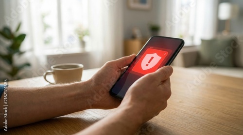 Security Alert on Smartphone: Close-up of a hand holding a smartphone displaying a prominent red security alert icon, symbolizing potential danger or cyber threat, in a domestic setting.