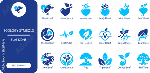 Ecology symbols icon set. Monochrome vector collection of heart, leaf, tree and heartbeat signs for green design