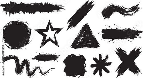 A diverse collection of distressed black paint brush strokes and various abstract shapes presented on a subtly textured white background perfect for artistic designs