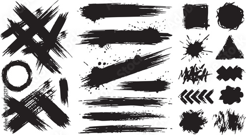 A diverse collection of distressed black brush strokes and textures ideal for use in artistic design elements and unique creative backgrounds