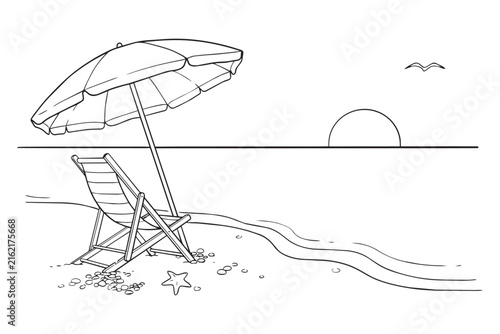 Hand drawn outline illustration depicting relaxing beach scene with lounge chair parasol starfish and sun horizon line ideal for travel and summer holiday theme.