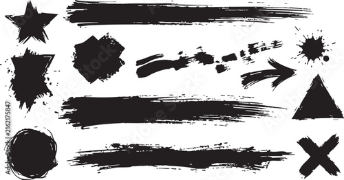 A diverse collection of distressed black brush strokes and abstract shapes on a white background ideal for graphic design artistic textures and creative projects