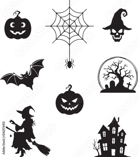 Halloween silhouette design elements set with flying witch, haunted house, scary pumpkins, spider web, skull and bats vector illustration