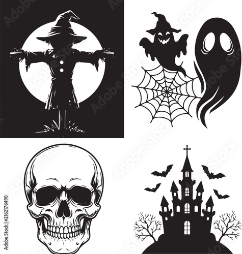 Halloween silhouette design elements set with scarecrow, human skull, ghosts, spider web and haunted castle vector illustration