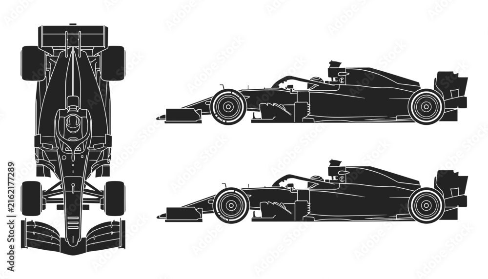 Fototapeta premium Detailed black silhouette collection of formula one race cars showing top view and side view for technical automotive racing illustrations.