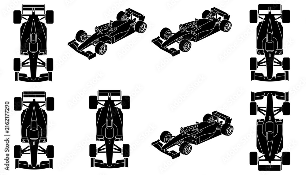 Fototapeta premium Set of black silhouette icons of formula one race cars displayed from different angles including top side and isometric perspective views.