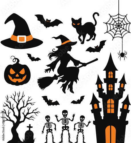 Halloween silhouette elements set with flying witch, haunted house, black cat, skeletons, spooky pumpkin and bats vector illustration