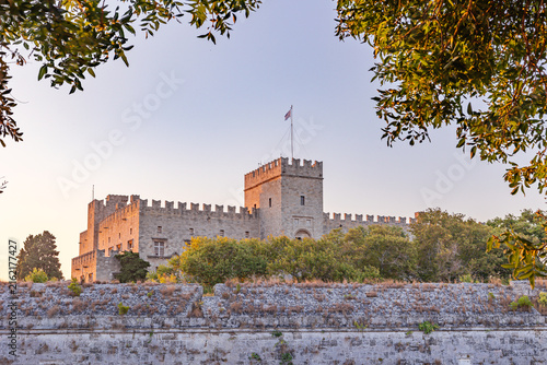 Fotografie Palace of the Grand Master and Medieval Fortification Walls in Rhodes Old Town,