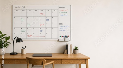 Minimalist home office with magnetic dry erase calendar board
