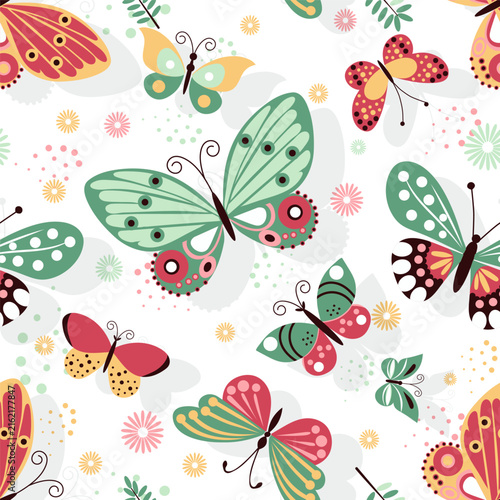 Colorful seamless pattern featuring decorative butterflies, flowers, leaves and small botanical elements on white background for textiles, wallpaper and decor