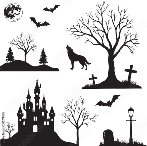 Halloween silhouette elements set with spooky castle, howling wolf, cemetery, dead trees, bats and full moon vector illustration