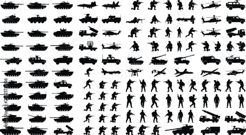 Quadro su tela Military Silhouette Vector Collection of Soldiers, Tanks, Aircraft, and Modern C