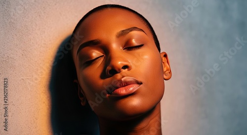 A tired face with dark skin tone leaning back against a wall with eyes closed in a moment of deep exhaustion and peaceful relaxation, lids, eyes, mood
