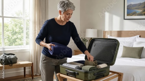 Mature Woman Packing Luggage in Bedroom