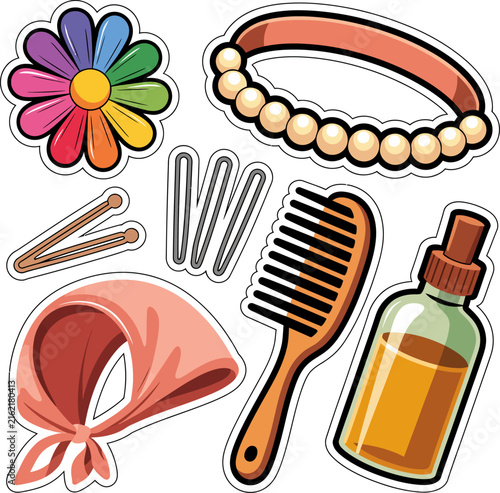 National Hair Day Beauty Sticker Collection With Cute Hairdresser Characters And Professional Salon Tools