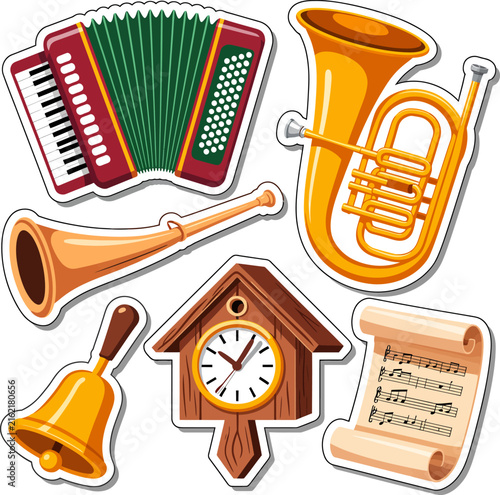 Oktoberfest Music And Dance Sticker Collection Featuring Traditional German Instruments, Festival Performers And Party Atmosphere