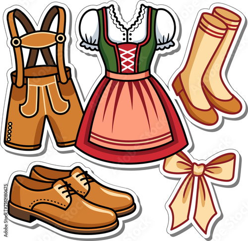 Oktoberfest Traditional Clothing Sticker Collection Featuring Bavarian Fashion, Lederhosen, Dirndl And Cultural Festival Elements
