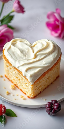 A moist vanilla cake cut into a heart shape, topped with creamy frosting, love, sweet treat