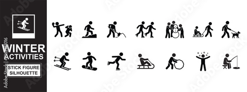 Winter Activities Stick Figure Silhouette Set Skiing Snowboarding Ice Skating Sledding Snowman Vector Design