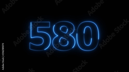 Abstract beautiful blue color neon 580 number icon illustration. Glowing neon countdown number sign background.