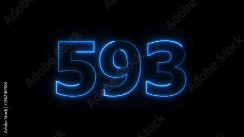 Abstract beautiful blue color neon 593 number icon illustration. Glowing neon countdown number sign background.