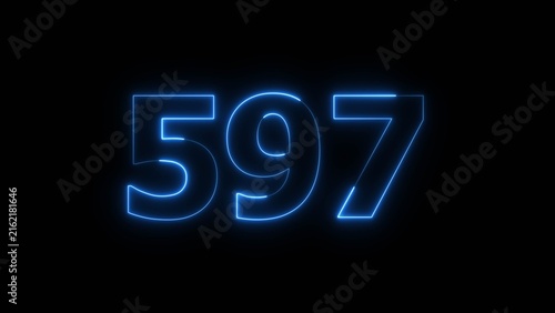 Abstract beautiful blue color neon 597 number icon illustration. Glowing neon countdown number sign background.