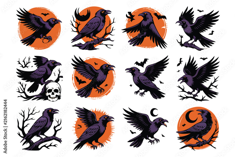 Naklejka premium Raven Bird Collection Vector Set Isolated on White Background
