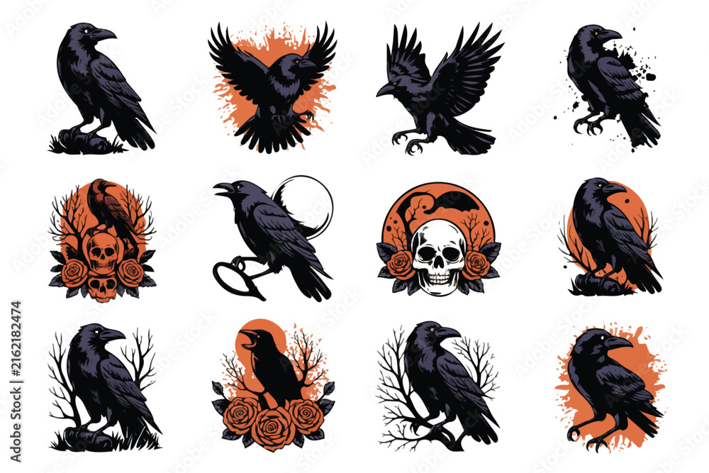 Naklejka premium Gothic Raven Collection Vector Design Isolated on White Background