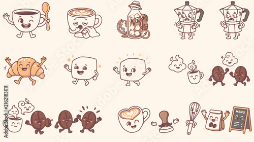 Cute coffee mascot character set with kawaii faces, vintage retro style coffee cups, beans, croissant and coffee maker elements for cafe design