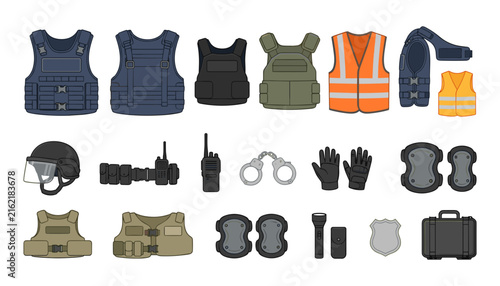 Fotografie Tactical Safety and Police Equipment Vector Icon Set Featuring Body Armor Bullet