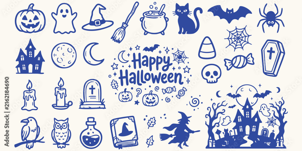 Fototapeta premium Whimsical Halloween Icons with a Hand-Drawn Style on a Light Background for Festive Design