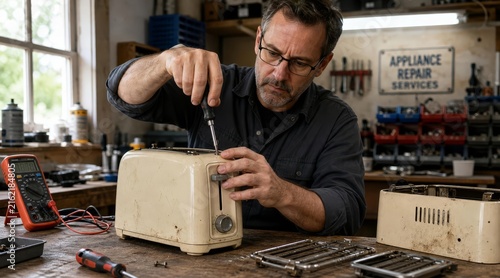 Appliance repair technician fixing toaster in workshop