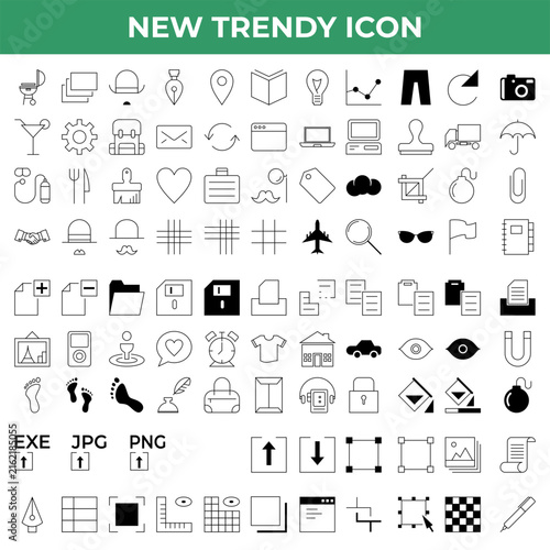 Collection of trendy outline and filled icons featuring business, technology, travel, communication, finance, documents, design, lifestyle, and everyday objects.