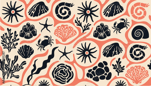 and Drawn Marine Life Seamless Pattern with Sea Shells