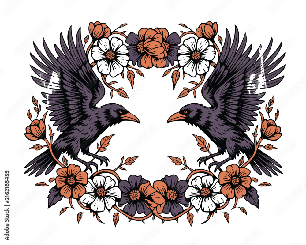 Naklejka premium Raven and Floral Decorative Frame Vector Illustration Isolated on White Background
