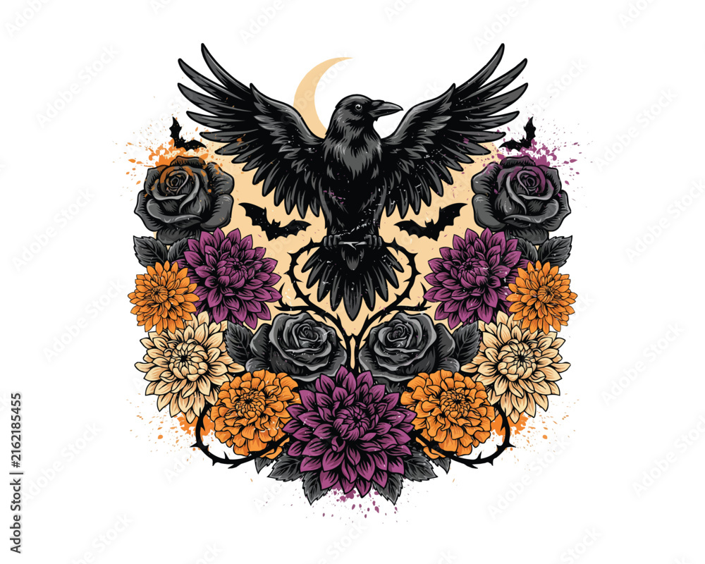Naklejka premium Mystical Raven Flower Frame Vector Illustration Isolated on White Background