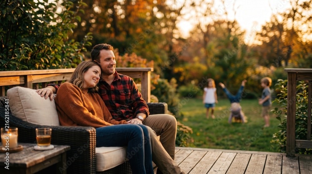 Fototapeta premium Couple relaxing on wicker sofa on outdoor wooden deck while children play in backyard garden at sunset for family home lifestyle marketing