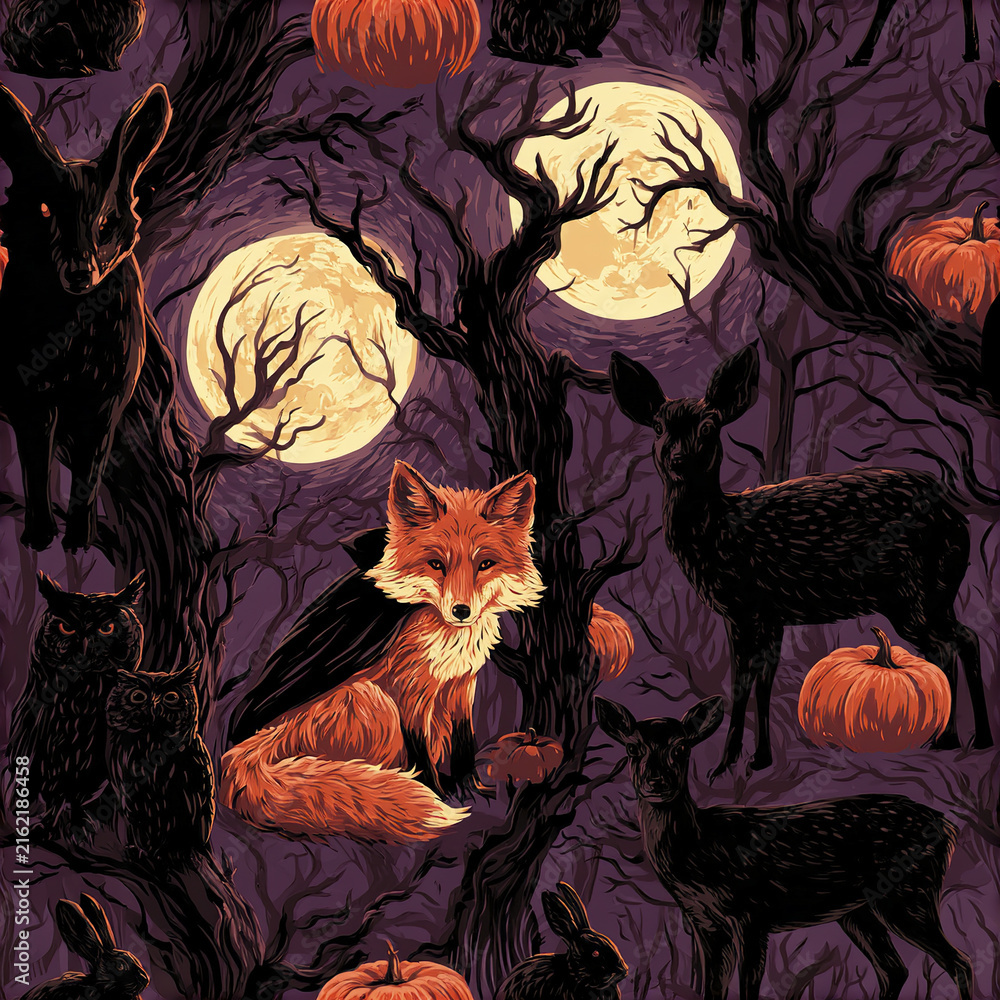 Naklejka premium Spooky silhouette forest pattern featuring black silhouettes of fox, deer, owl, bat, pumpkins, and bare trees full moon light