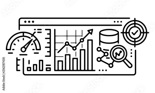Web analytics and business intelligence line icon banner with webpage dashboard, performance gauge, bar chart, growth trend, and database
