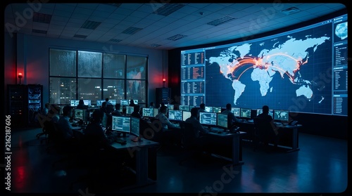 Global network operations center with analysts monitoring a large digital world map display.