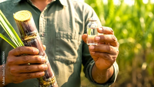 Farmer holding sugarcane and ethanol sample in field
