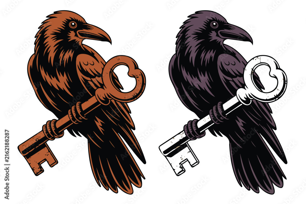 Naklejka premium Raven with Antique Rusty Key Gothic Vector Illustration Isolated on White Background