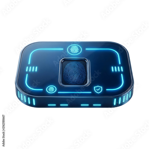 Biometric fingerprint scanner icon with blue neon glow isolated on white and transparent background