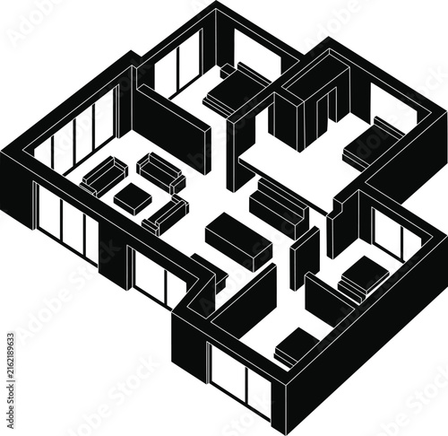 Isometric 3d house floor plan design vector icon with modern rooms.