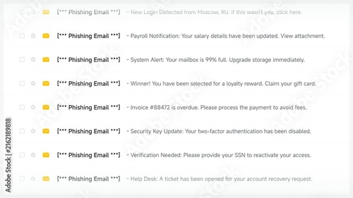 List of suspicious email subjects identifying potential online phishing security threats