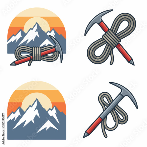 Mountain Climbing Gear and Alpine Landscape Icons.