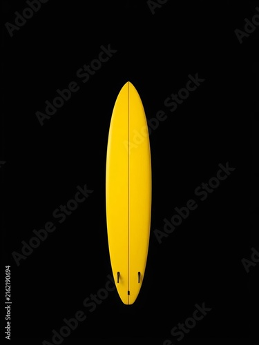 Bright yellow surfboard isolated on black background modern summer water sport equipment, Equipment, ||Vibrant